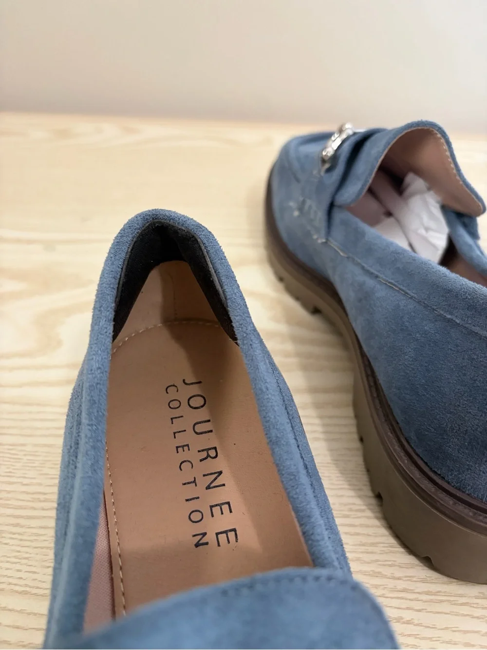 Journee Collection Blue Suede Loafers with Silver Bit